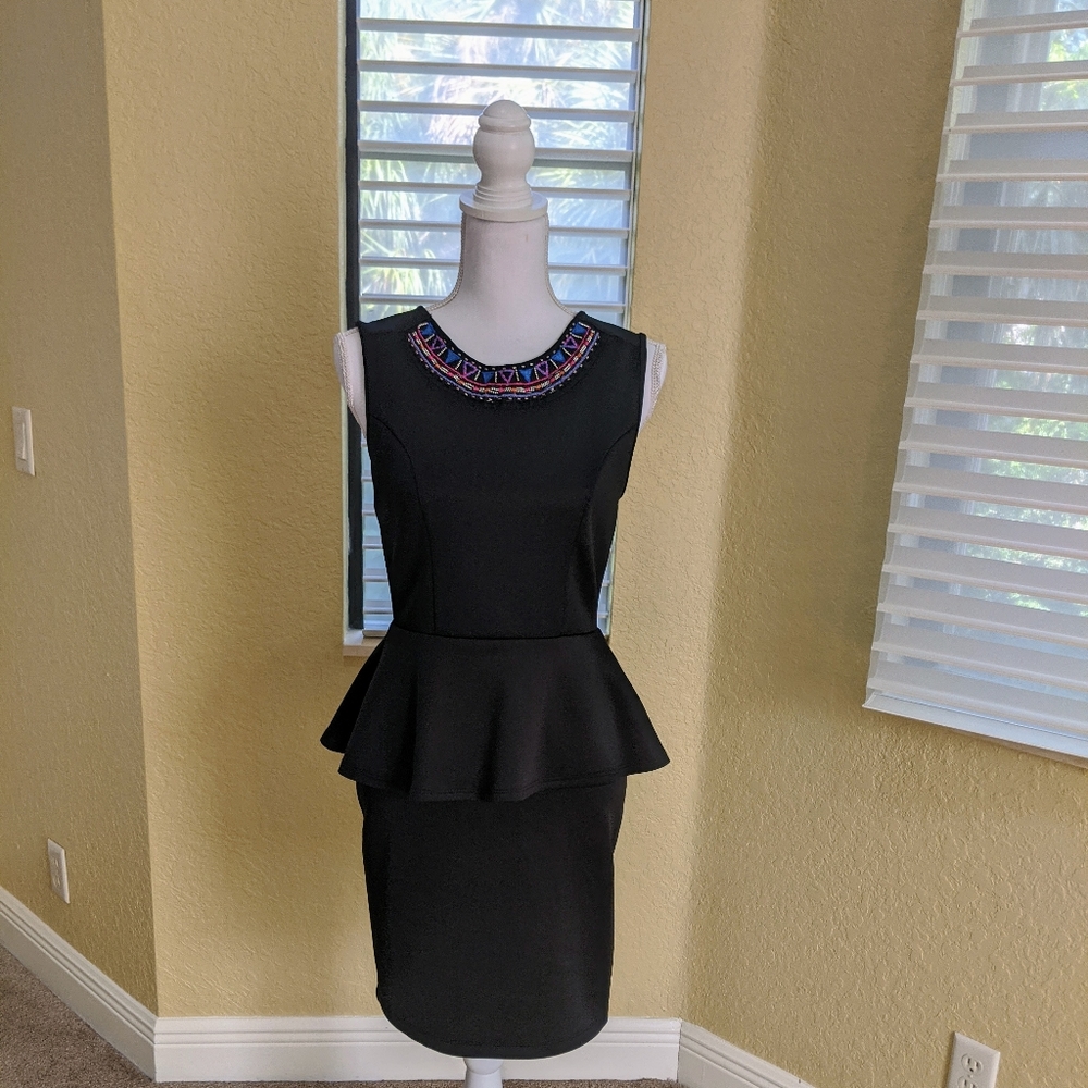 Sleeveless Black Slip On Dress L with Beaded Top